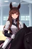 Placeholder: A portrait of a woman with long brown hair and red eyes wearing competitive horse riding clothes, riding a black horse, modern dressage arena setting, anime style, intricately detailed, masterpiece, HD, 4k