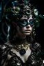 Placeholder: Beautiful faced young jade ribbed face masque cyberpunk filigree decadent európean woman, adorned with decadent black rose deco punk and black hiris,hydrangea floral azurit and black onix obsidian jade mineral stone headress wearing black lace ribbed with agate stone mineral and embossed floral costume dress, golden and white and black colour gradient Dusty makeup filigree organic bio spinal ribbed detail of gothica decadent dark cyberpunk shamanism background extremely detailed maximálist