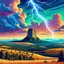Placeholder: beautiful vibrant natural colors, landscape of Devils Tower National Monument, pop art, clouds, storm, lightening , mountains, poster, Colorado