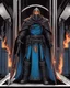 Placeholder: A commander with a matte black combat helmet and eyes with bright blue flaming pupils, a black cape and a long coat with long combat boots and a long, sharp and fiery spear and with his helmet under his cape and two blue flames instead of eyes