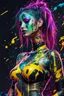 Placeholder: Woman cyberpunk many neon tattoos on his body, fullbody, lying pose, behind paint splashes and streaks and blotches industrial,