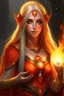 Placeholder: female eladrin fire druid . long light hair made from fire. Tanned skin. Big red eyes with touch of fire