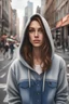 Placeholder: a realistic photo of a woman with brown hair and dark eyes, wearing jeans and a hoodie and snikers in the middle of a city , hyper realistic, 14K,