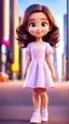 Placeholder: A beautiful, adorable cartoon little girl. curvy shiny hair, large sparkling eyes (like anime or Disney characters), a small face and delicate nose. A happy, innocent expression with a small smile standing in modern city open stage with prettyy shoes. Clean design, vibrant and warm colors, modern studio animation style, 4K quality.