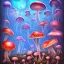 Placeholder: psychedelic mushrooms and flying jelly fish and antic city in the background 3D