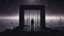 Placeholder: inner stands a human figure alone in an cube like cage with dense bars , in outside around in the distance big landscape with big city and many fade human figures in the city, dark purple, gray, black, white, brown. Whimsical style and surreal vibe, lonely with neuron network background, surreal stunning vibe