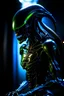 Placeholder: Female xenomorph in a dark, eerie atmosphere, detailed biomechanical exoskeleton, glowing bioluminescent accents, sinister and predatory stance, high quality, sci-fi, cool tones, atmospheric lighting, intense and focused gaze, sleek design, NSFW, female