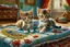 Placeholder: Hand sewn and embroidered extremely cute kittens, threads, sewing needles and a pair of scissors on a table on lace blanket in a luxury bedroom, centre, bold colours elegant fantasy 8k beautiful dynamic lighting award winning imperial colors hyperrealistic ultra detailed 4K 3D high definition crisp quality colourful hdr in sunshine