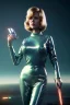 Placeholder: Ultra Realistic retro sci-fi portrait image from 1960, New York, spaceship, sweet young Jane Fonda, tight latex suit, weapon, fighting stance, soft color, highly detailed, unreal engine 5, ray tracing, RTX, lumen lighting, ultra detail, volumetric lighting, 3d, finely drawn, high definition, high resolution.