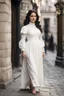 Placeholder: full body standing of a beautiful woman in her 18s, brunette (a Greek goddess), a little chubby, frontal face, shy smile, black wavy hair, wearing a white dress (with a high collar) from the 19th century, on the street of London in the 19th century , morning, cinematic, hd, 8k, sharp focus