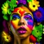 Placeholder: A woman with a vibrant and colorful face is seen in the image. She has several flowers of different colors adorning her face, including purple, green, and yellow. Her eyes are closed as if she is lost in thought or deep concentration. The flowers appear to be arranged around her eyes and forehead in an artistic pattern that draws attention to her features. Her hair is pulled back away from her face, allowing for the full effect of the flower arrangement to be seen. She wears a green shirt which