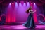 Placeholder: modern stage with gray-dark red blueish violet theme artistic decoration , color full dynamic lighting, a beautiful lady in maxi dress with shining silver jewels ,curvy long hair,dancing, 3D recursive fractal structure animating background