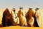 Placeholder: A tall fat european man in business suit wathcing four Arabian sheikhs sitting in the desert wearing typical Arab dresses, looking towards the four cardinal points and he is thinking.