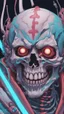 Placeholder: a close up of a person with a skull on their head, anime skull portrait man, scary detailed art in color, hiroyuki-mitsume takahashi, nychos art aesthetic, half man half skeleton, anime cyberpunk art, colored manga art, rossdraws pastel vibrant, hot colors. insanely detailed, beautiful anime portrait, stunning anime face portrait, scary art in color