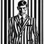 Placeholder: a black and white picture of a man in a striped suit, a silk screen by Sarah Morris