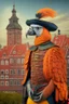 Placeholder: Half parrot half human in a 1700s Orange Dutch uniform next to a Dutch city