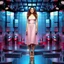 Placeholder: make a picture pretty stage made of metallic blue-gray teme 3d recursive cubic and sphere and cylinder base structures and a beautiful fashion model lady standing with cute in scene with sexy top and pretty pleated midi skirt ,makeup curvy long hair,dynamic camera zoom to full body and pan, dynamic lights.