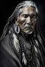 Placeholder: a photo of an Native american indian man with ethnic jewelry, grey hair and grey flowing robe, in style of Annie Leibovitz, contemporary portrait of a mature yet beautiful and modernist man, black and grey, detailed masculine face, swirling fluid smokey enigma, award-winning artwork