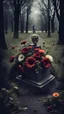 Placeholder: On the old grave lies flowers. horror style