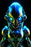 Placeholder: Alien robotic body with sleek metal armor, glowing LED lights.alien head with multiple eyes, antennae, and vibrant-colored skin.