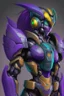 Placeholder: One Genderless Cyborg made of old rusted metal, has a human like face with a really long violet ponytail, the armor is similar to Omega from Megaman. The color palatte of the armour is deep purple and yellow. They have Turquoise colured eyes. The Background is dark grey.