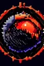 Placeholder: combining darkness and celestial elements. Feature a stylized eclipse at the center, with the moon partially covering the sun, casting claw-like shadows. Use deep purple fading into fiery orange-red. Surround the eclipse with jagged metallic shapes, make it 8bit and retro.