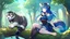 Placeholder: Girl, blue hair, raccoon ears, raccoon tail, raccoon face, forest, sit on tree, raccoon paws on hand, paws on foot, raccoon muzzle