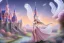 Placeholder: castle in background, beautiful, soft, big smiling, straight and long blonde hair, blues eyes, dewy and shiny atmosphere, diamond crown, long fairy wings in the back, full head, pink veil clothes