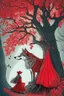 Placeholder: in a cosy vintage style, a beautiful witch marvels at a red tree with the big bad wolf watching her