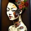 Placeholder: an abstract painting of rusted metal and flowers, beautiful smiling fullbody Yakuza Woman portrait, with fullbody japanese realistic tattoes, realistic,rust, scaffolding, iron cladding, decay, mixed media, textured, anatomically correct, beautiful perfect face, sharp focus, highly detailed by Johannes Vermeer 8k