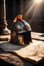 Placeholder: The Roman centurion's helmet lies on an old cracked wooden table. Next to the helmet, on the table, lies a cross on a string and a scroll of parchment. A ray of sunlight reflects off the helmet. All around is the entourage of ancient Rome. High quality image in 8K