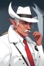 Placeholder: An old male crimson red tiefling wearing a white police comisioner outfit, he is also wearing glasses, he has a white scruffy mustache, and a small black fedora.