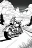 Placeholder: Outline art, no shading, motorcycle on the road, cartoon style, black and white, low detail, --ar 9:11
