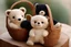 Placeholder: Cute but quirky stuffed animals lie in a carved basket on a soft sling, by candlelight