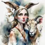 Placeholder: dnd, fantasy, watercolour, large strokes, stylistic, portrait, illustration, dull colours, female goat, acrobat