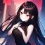 Placeholder: Clear focus,High resolution, black long hair, Vibrant red eyes, Emo style, Black skirt, wearing a black shirt sleeveless, Wearing black and red cutsleeves, Hand near chin