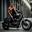 Placeholder: Handsome and muscular Biker sitting astride a motorbike wearing a leather jacket and dark sunglasses