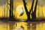 Placeholder: prompt: a surreal painting of a thin man standing in a swamp, large weird bird in swamp, trees, birds flying, yellow moon, Arthur Boyd style, --ar 16:9 Arthur Boyd was a leading Australian painter whose work ranges from impressionist renderings of Australian landscape to starkly expressionist figuration.