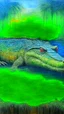 Placeholder: Green mystery lake, large crocodile, painting