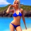 Placeholder: Beautiful woman blue eyes long blond hair in a bikini on a beach, unreal engine, 4k