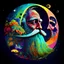 Placeholder: Super colorful complmentary deep vibrant colors By Alexander Jansson, Surreal image of a huge 3D crescent moon in the sky, the moon has an old man's face and beard.