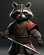 Placeholder: raccoon as a samurai, realistic, 2 katanas