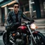 Placeholder: Biker sitting astride a motorbike wearing a leather jacket and dark sunglasses