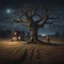 Placeholder: Hyper Realistic Field & dry old tree at night with scarecrow & broken cottage