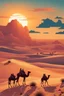 Placeholder: Ilustración estilo cómic de un atardecer en el desierto con camellos cálida ultra hiperdetallado