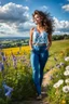 Placeholder: beautiful girl in nice top and blue pants with curvy hair,country side ,wild flowers,blue sky nice clouds,