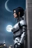Placeholder: Fantasy Photo Of A Woman With Black Hair, Wearing A robot-looking suit, standing sideways On A Ledge of a building, With A waning moon Behind Her Head