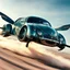 Placeholder: a high definition screen shot of a jet-fighter vw-beetle, retrofuturistic, phototrealism, in flight, one subject, should have wings with atleast one exposed jet on each wint or one coming throught thr front and center of the vehicle.