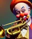 Placeholder: happy and funny old friendly clown with round head and trimmed beard playing jazz with a steampunk theme, trumpet on mouth, carnival, dreamy