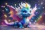 Placeholder: kind fluffy rainbow dragon with shiny silver hair in glitter and blue eyes and smile, hair sprinkled with glitter dust, magic glitter, full length, unreal engine render